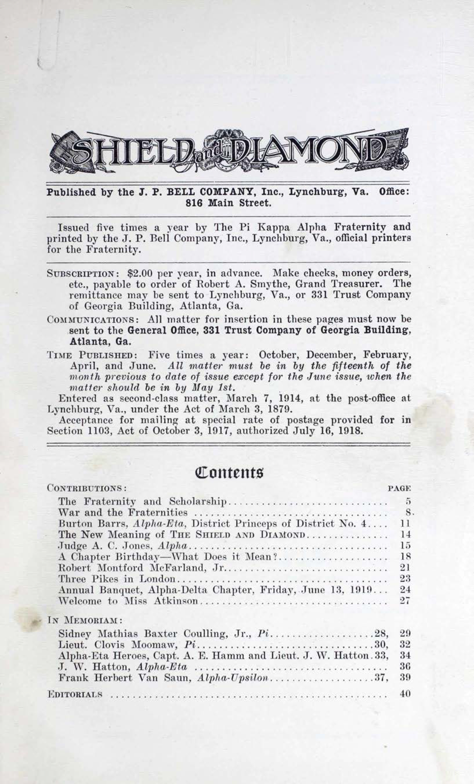 Shield and Diamond, Vol. 29, No. 1, October 1919